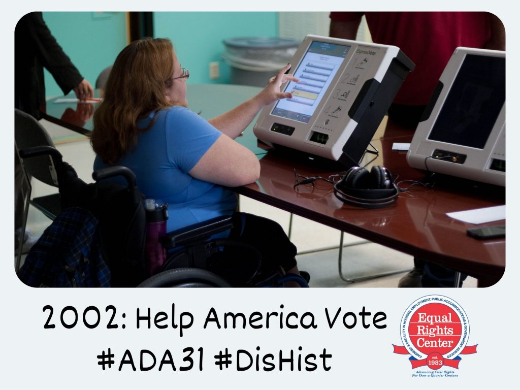 Polaroid-style photograph of Amy Myers, a 35-year-old woman who uses a wheelchair, tests an accessible voting machine. Captioned 2002: Help America Vote #ADA31 #DisHist 