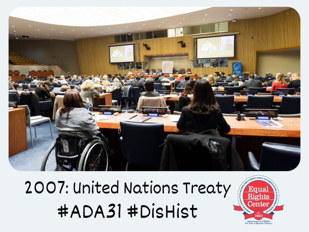 Polaroid-style photograph of delegates gathered in a large lecture hall, participating in the United Nations Convention on the Rights of Persons with Disabilities to develop the treaty. Captioned, 2007: United Nations Treaty #ADA31 #DisHist 