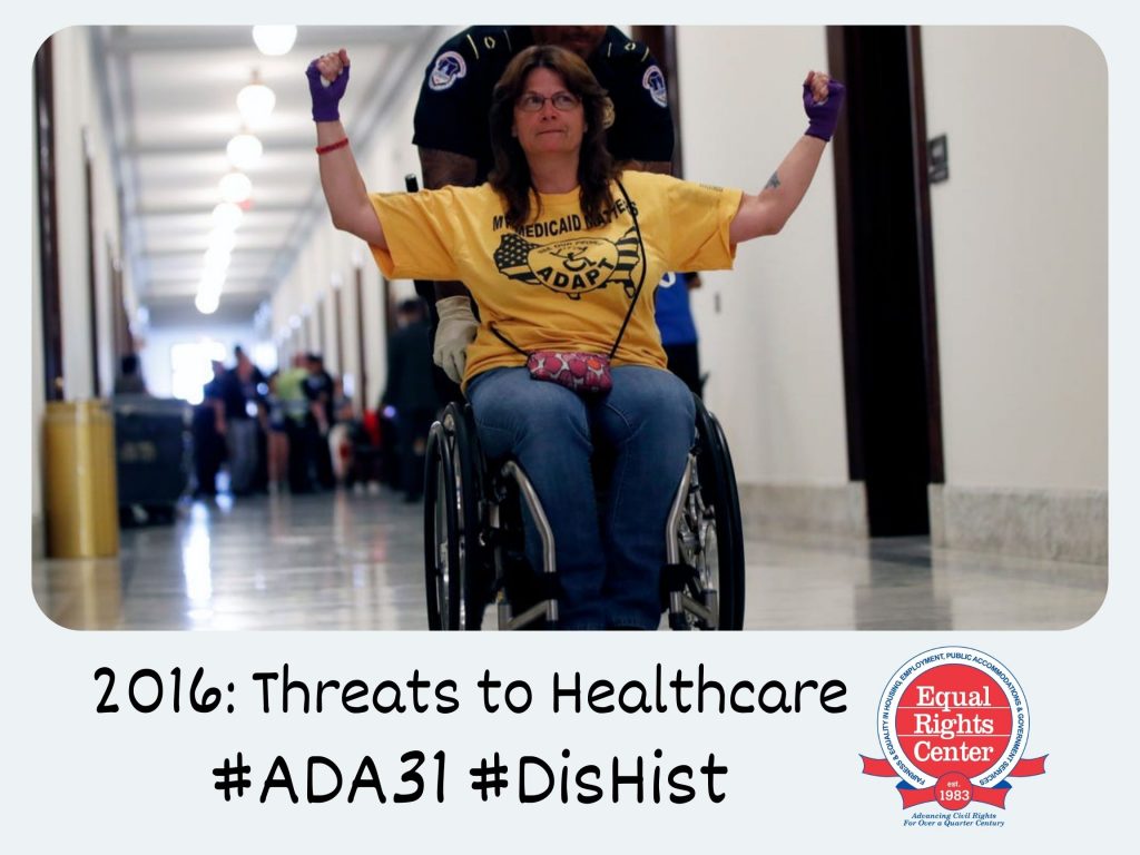 Polaroid-style photograph of an ADAPT member in a wheelchair being escorted out of the House Office Building by a Capitol Police officer. Captioned, 2017: Healthcare Protests #ADA31 #DisHist 