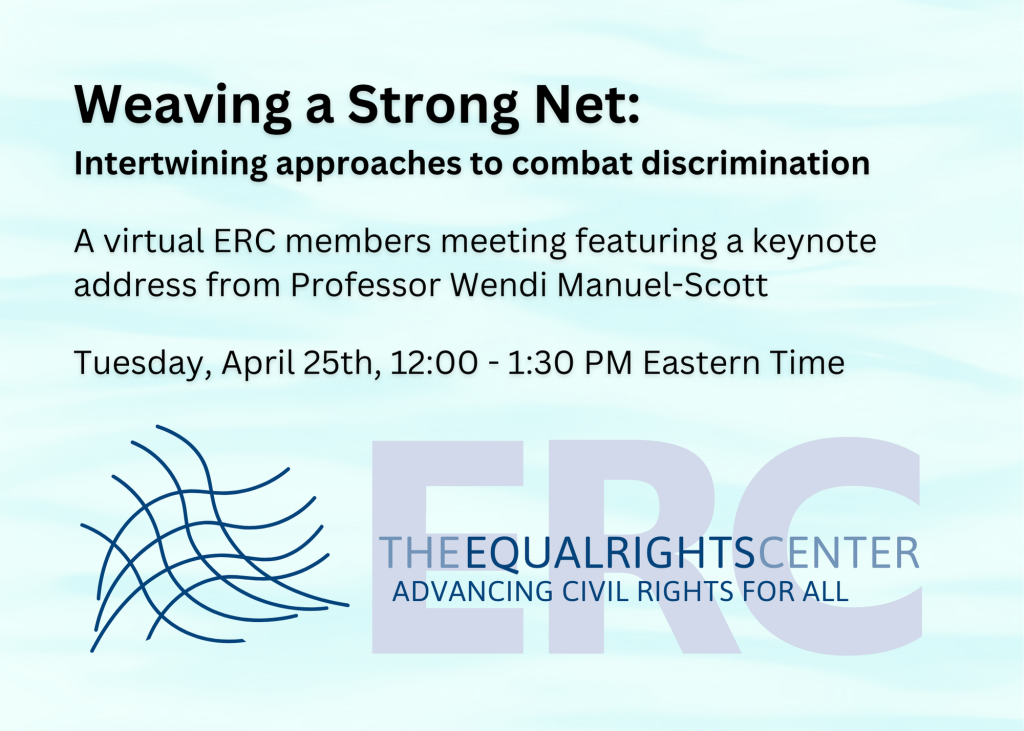 An illustration of a net and the ERC watermark over an abstract wavey background. Text reads, Weaving a Strong Net: Intertwining approaches to combat discrimination. A virtual ERC members meeting featuring a keynote address from Professor Wendi Manuel-Scott. Tuesday, April 25th, 12:00 - 1:30 PM Eastern Time.