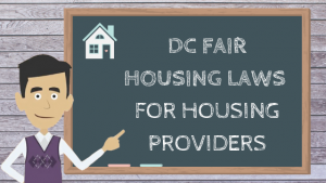 An animated man with dark hair and a purple sweater points at a chalkboard which reads "DC fair housing laws for housing providers"
