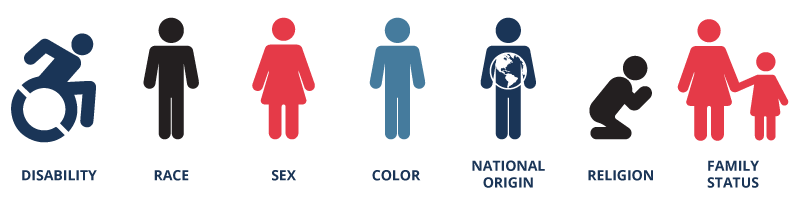 The federal Fair Housing Act prohibits discrimination in housing based on race, color, religion, national origin, sex, disability, and familial status (presence of kids under 18 in a household).