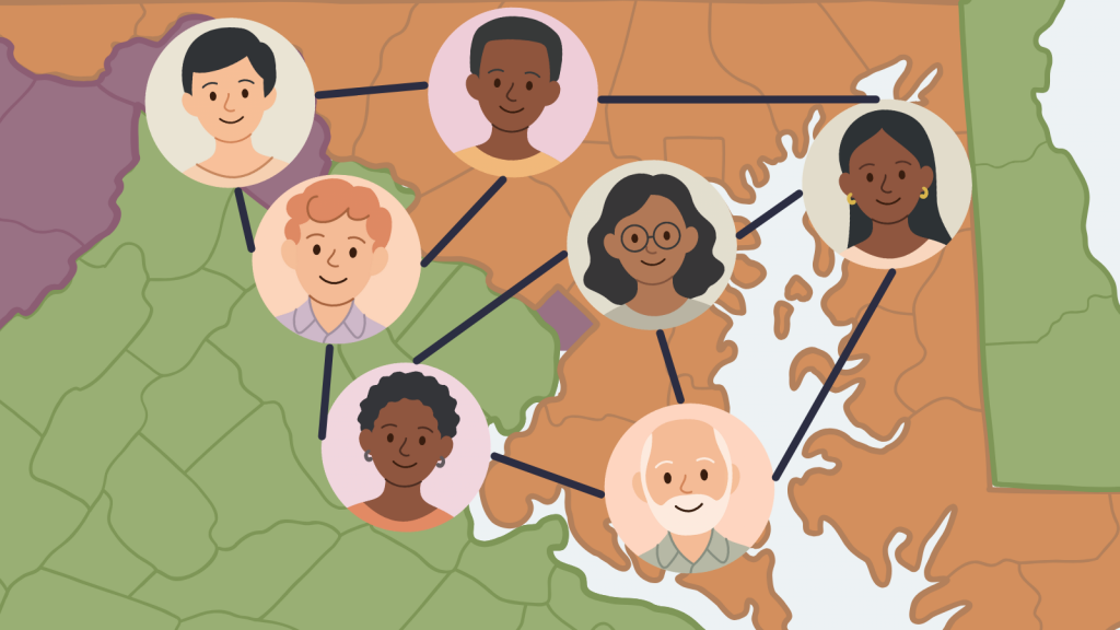 Map of DC, Maryland, and Virginia with lines connecting people in different cities and counties.