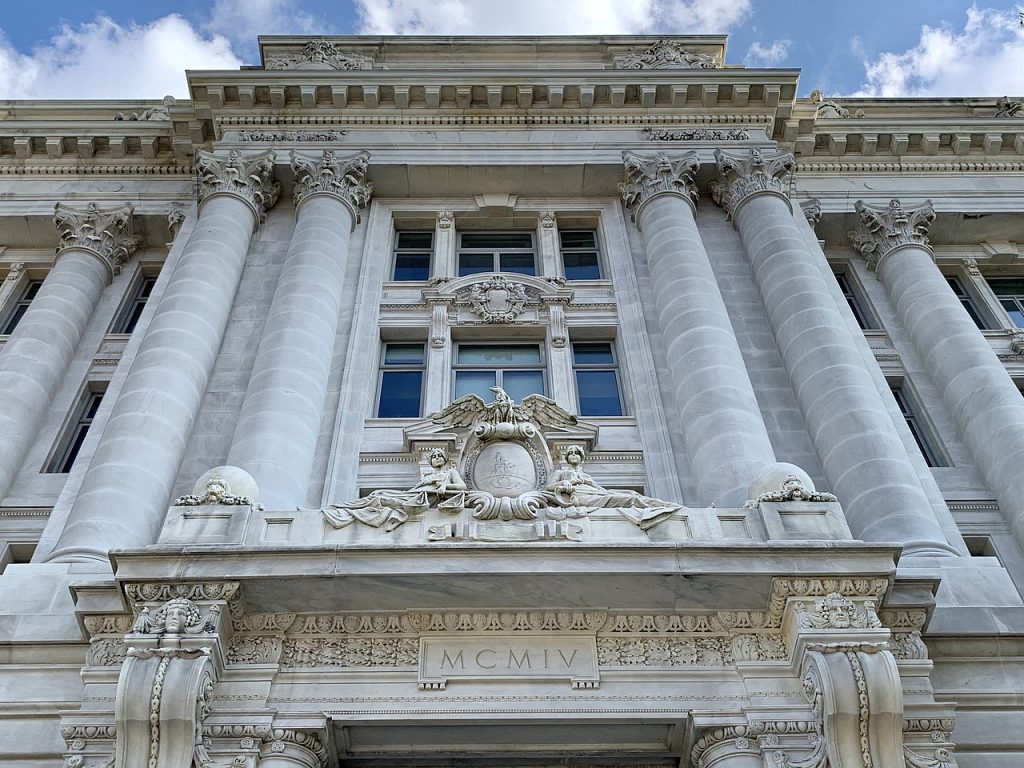 Exterior front facade of the John A. Wilson building in Washington, DC.