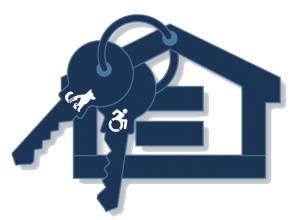 Fair housing logo with two keys with silhouettes of cat and accessibility symbol and equal sign inside house outline.
