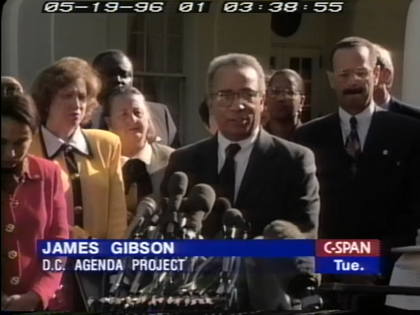 Mr. Gibson speaks at a news briefing outside of the White House in Washington, DC.
