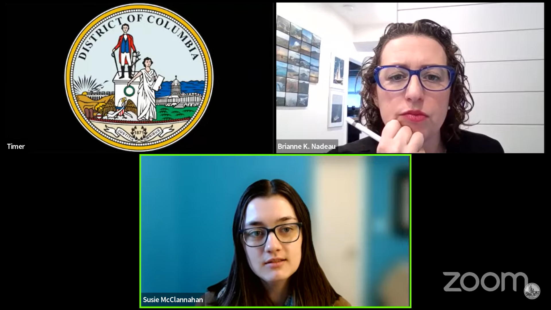 A screenshot of the virtual testimony showing ERC Fair Housing Rights Program Manager Susie McClannahan speaking to DC Councilmember Brianne K. Nadeau.