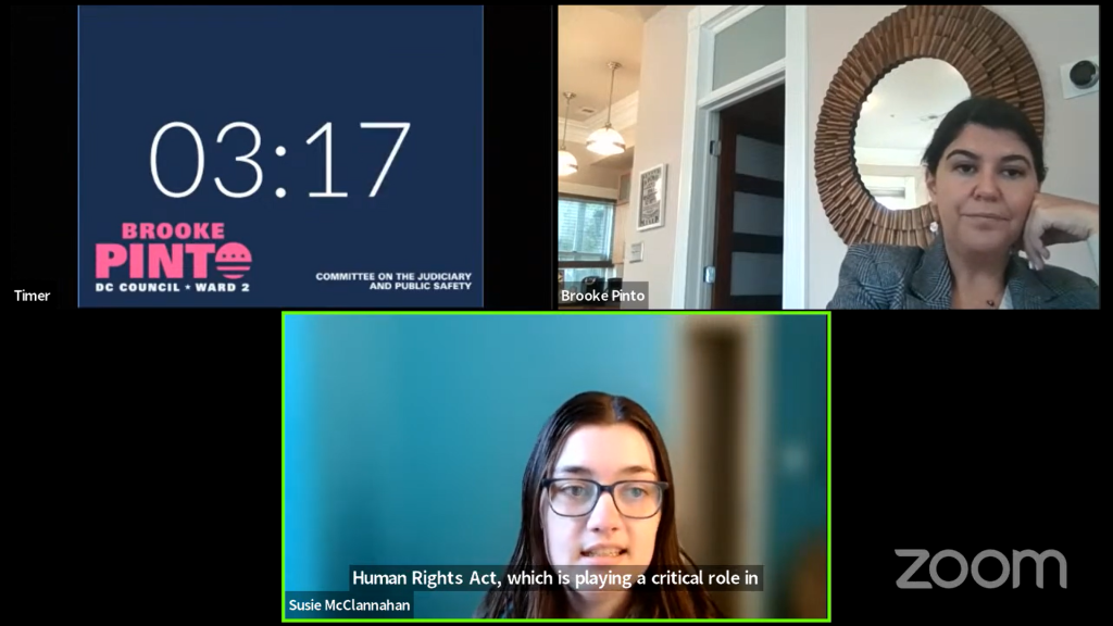 A screenshot of the virtual hearing, showing the ERC's senior fair housing rights program manager Susie McClannahan and DC Councilmember Brooke Pinto.
