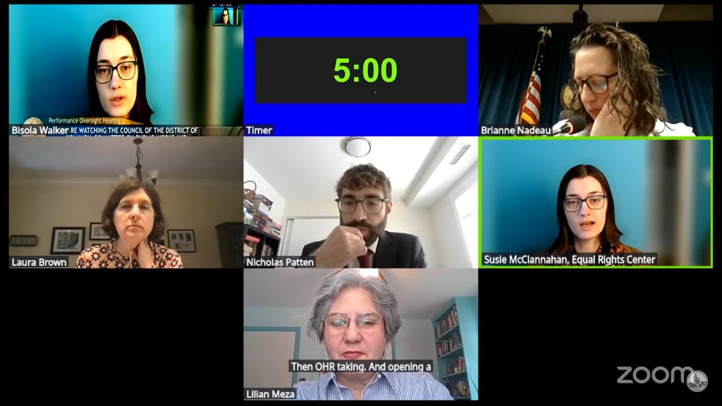 Screenshot of the live feed for a performance oversight hearing. ERC's Fair Housing Director Susie McClannahan speaks to D.C. Councilmember Brianne Nadeau.